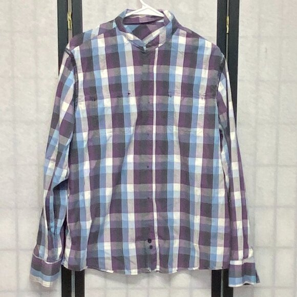 Eighty Eight Long Sleeve Collared Button Up Flap Pocket Plaid Shirt Purple Blue - Picture 5 of 11